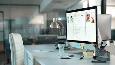 Buy stock photo Shot of a dek in a modern office setup with a chair and desktop computer