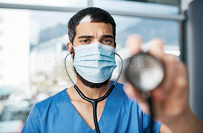 Buy stock photo Portrait of a medical practitioner holding a stethoscope