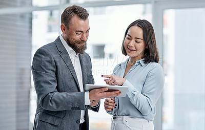 Buy stock photo Shot of two businesspeople using a digital tablet together in an office