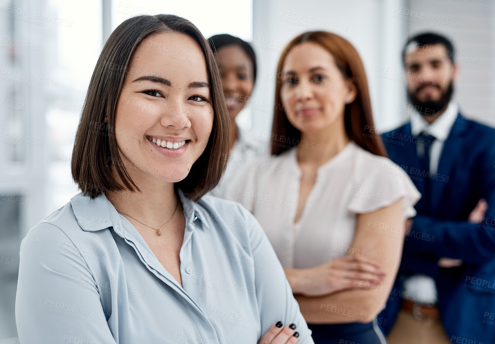Buy stock photo Crossed arms, collaboration and portrait of business people in office with confidence for finance career. Manager, professional and group of financial advisors with teamwork for about us in workplace