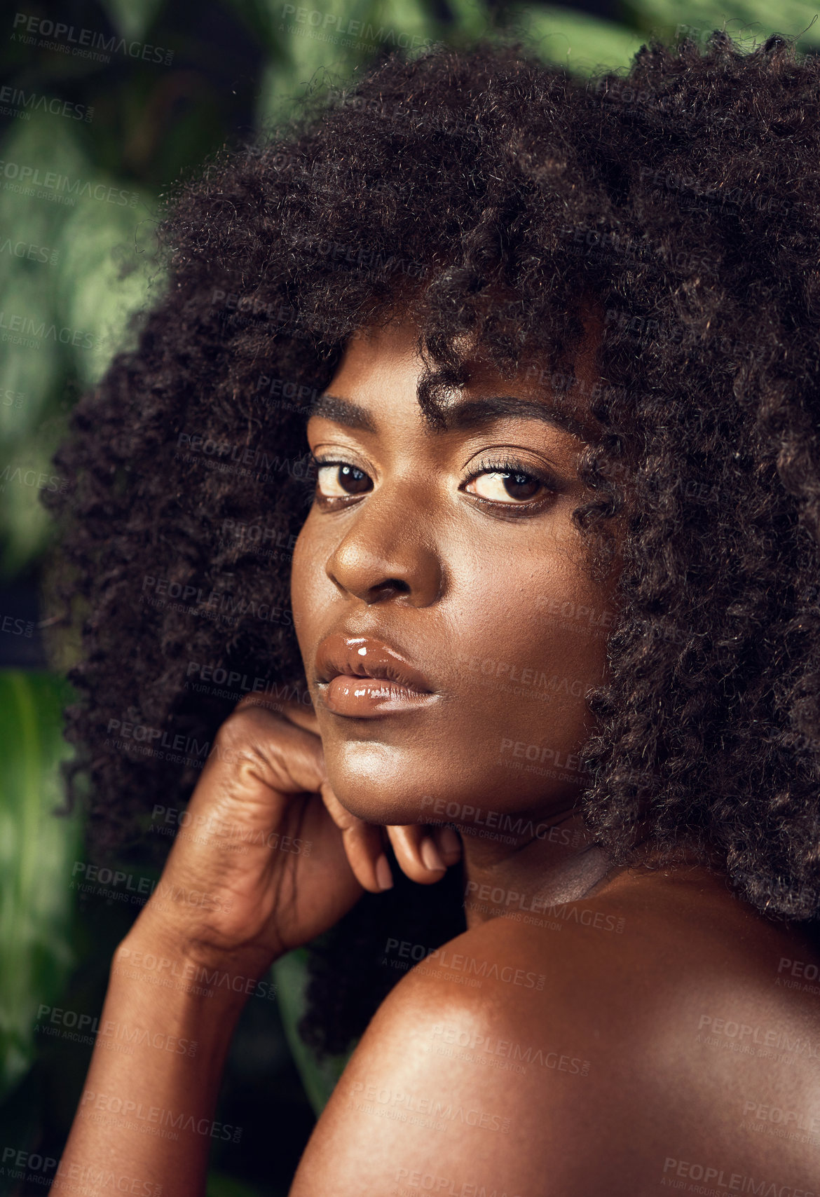 Buy stock photo Shot of a beautiful young woman posing against a leafy background