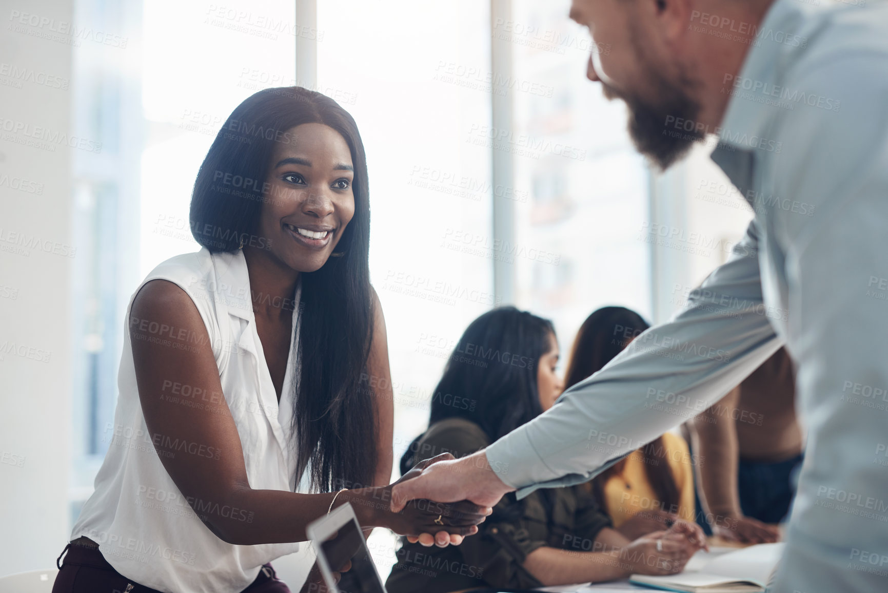 Buy stock photo Meeting, shaking hands or business woman with smile in office, partnership or agreement for closing deal. Cooperation, handshake or people with negotiation for b2b alliance, teamwork or opportunity