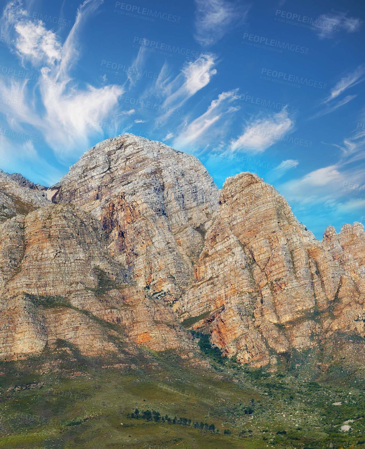 Buy stock photo Landscape of beautiful twelve apostles mountain range. A scenic outdoor travel destination, landmark and hiking trail. A popular Cape Town, vacation travel location for explorers seeking adventure


