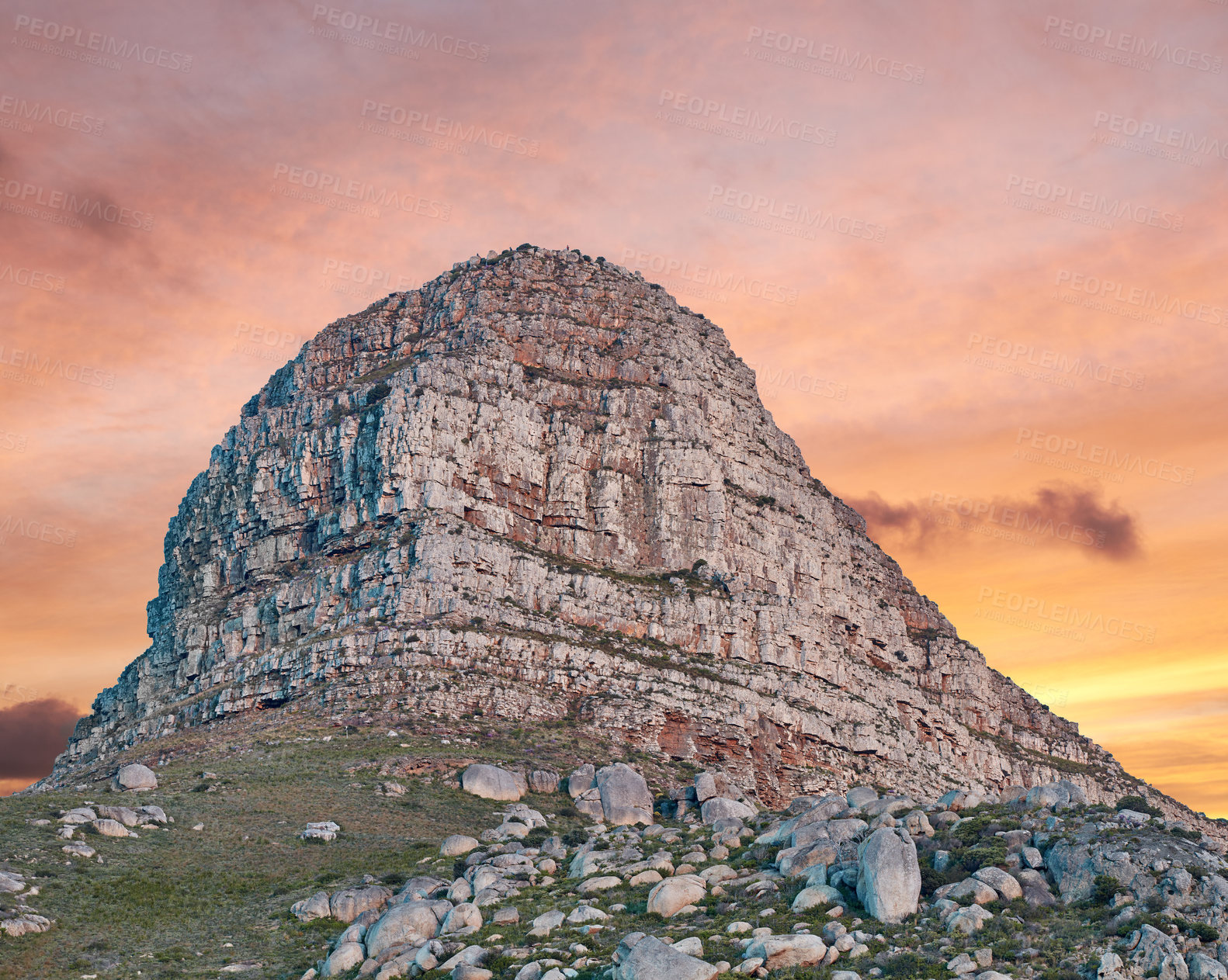 Buy stock photo Copy space with scenic landscape view of Lions Head mountain in Cape Town, South Africa against a sunset sky background. Beautiful panoramic of an iconic rocky landmark and famous travel destination