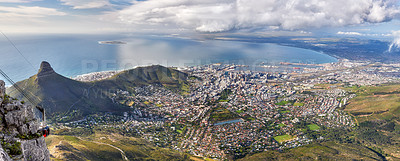 Buy stock photo Aerial view of Lions Head in Cape Town on a bright, sunny day with copy space. Clear morning with blue ocean views, cityscape and mountain peaks. Calm, serene and quiet nature in South Africa