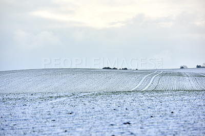 Buy stock photo Countryside landscape on a cold winter day with cloudy sky background and copy space. Nature landscape of a farm field, meadows or grass land covered in white snow on a bright overcast morning