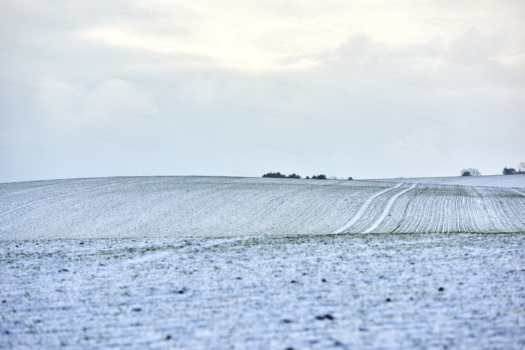 Buy stock photo Countryside landscape on a cold winter day with cloudy sky background and copy space. Nature landscape of a farm field, meadows or grass land covered in white snow on a bright overcast morning
