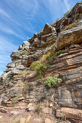 Buy stock photo Landscape view of Table Mountain in nature in Cape Town, South Africa. Beautiful copyspace scenery of a natural landmark for tourists to hike and explore against a clear blue sky in summer. 