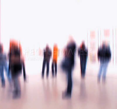 Buy stock photo Blurred people browsing and looking at display at an art exhibition or museum. Group of businesspeople networking at a trade fair. Big room or hall with obscured figures standing and looking around