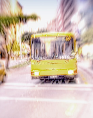 Buy stock photo A yellow bus driving and traveling through a bust scene in the city. Commuting through a busy urban town, using public transport to travel the roads and streets to get to a destination