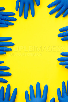Buy stock photo Gloves, hands and medical poster for mockup, healthcare advertising and PPE for safety on yellow background. Protection, prevention and product promo with frame for health marketing billboard 
