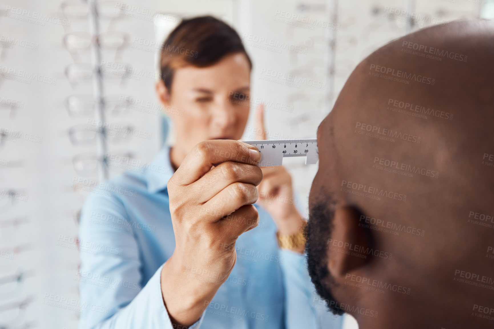 Buy stock photo Optometrist, doctor and specialist checking vision retina measurement and sight of a patient with optical PD ruler during eye test in a clinic. Eye doctor giving treatment for prescription glasses