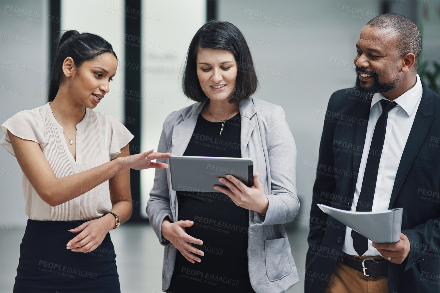 Buy stock photo Business people, planning and tablet with conversation, diversity and digital schedule in office. Collaboration, teamwork and handover for maternity leave with public relations management and app