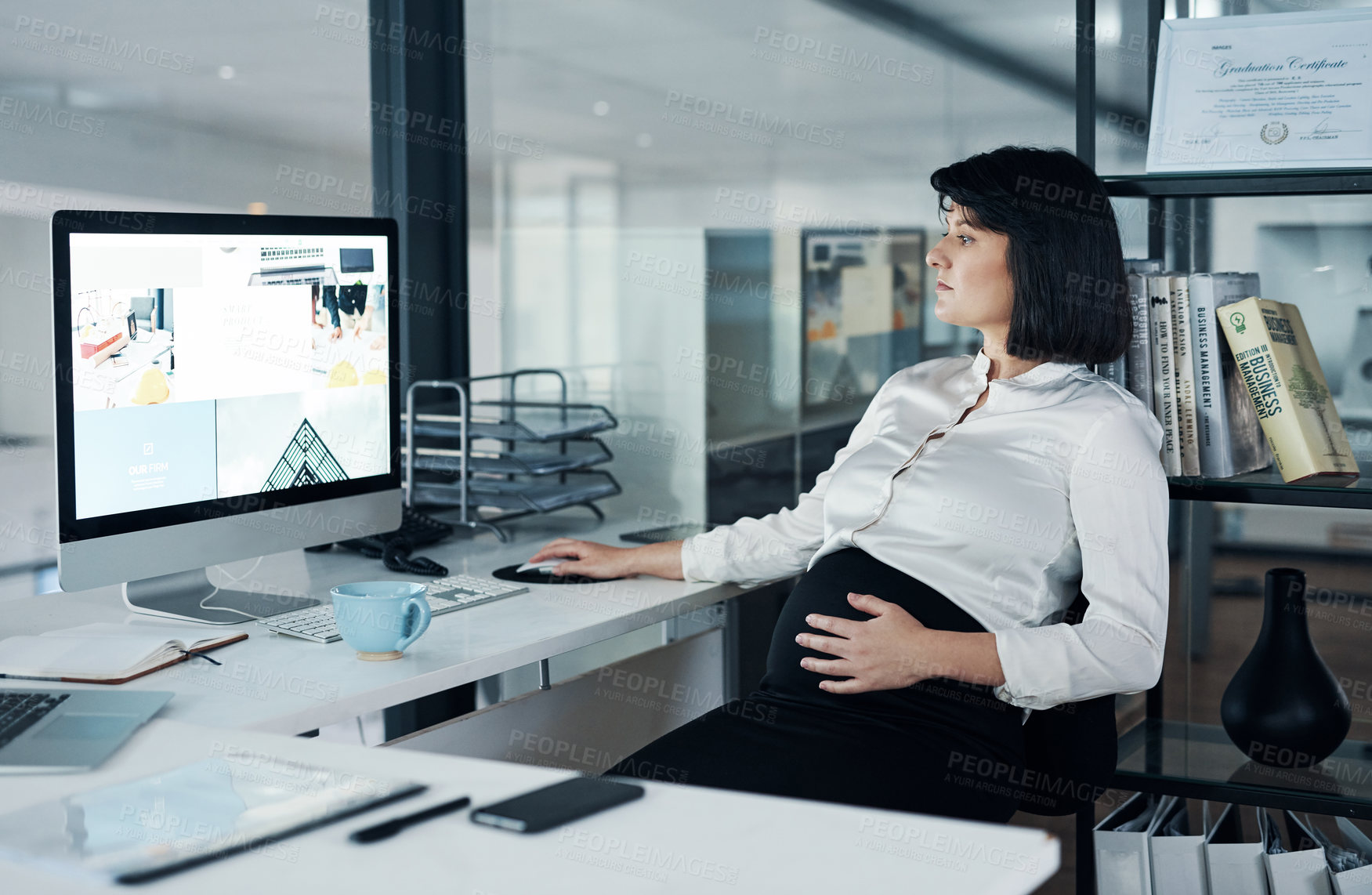 Buy stock photo Computer, business and pregnant woman in office for research, campaign design and ads in startup. Pregnancy, stomach and employee working on technology for creative project or promotion on internet