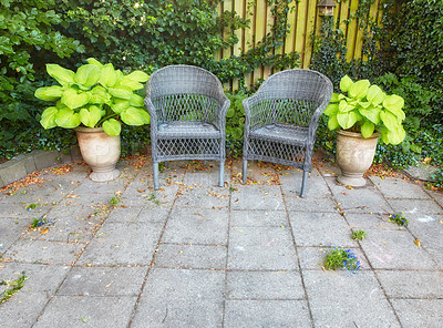 Buy stock photo Calm serene and inviting yard is for people to relax unwind and enjoy peaceful area. Outdoor garden with grey chairs potted plants greenery around and grey tiled floors on sunny day