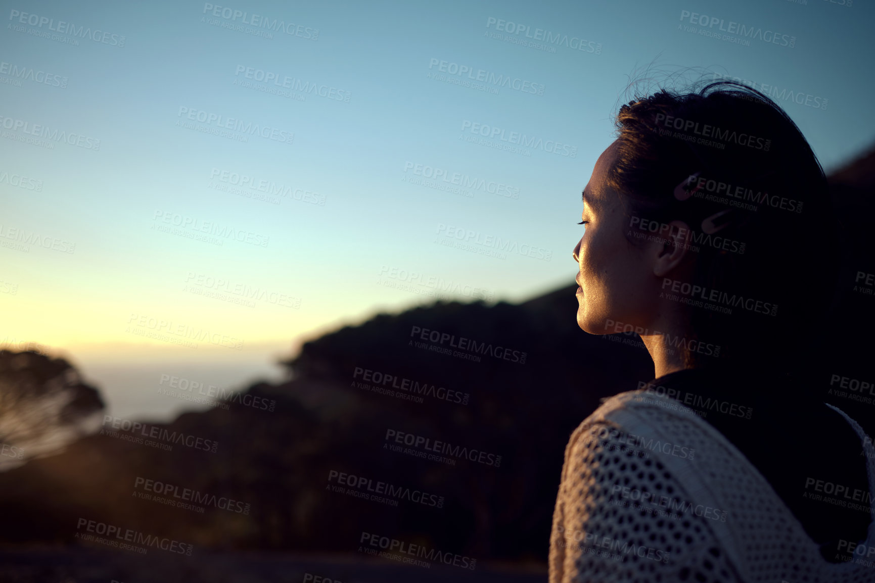 Buy stock photo Shot of a woman admiring the scenery while spending time outdoors