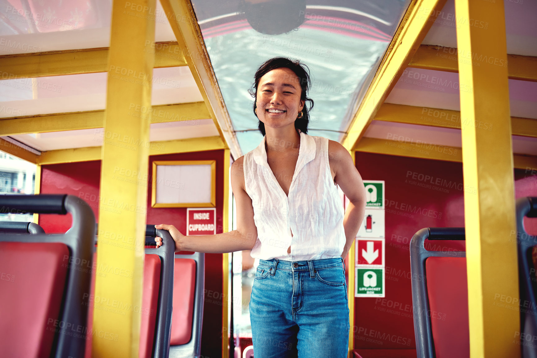 Buy stock photo Travel, portrait and happy asian woman in bus for transportation or commute on holiday or vacation in Malaysia. Female tourist, coach or transit with public vehicle or minibus, journey and adventure.