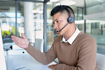 Buy stock photo Man, callcenter with phone call and CRM, contact us and communication with headset in office. Male consultant in customer service, telemarketing or tech support with help desk job, advice and telecom