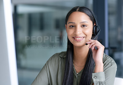 Buy stock photo Happy, call center and portrait of a woman with a headset for online consulting, support or telemarketing. Smile, contact us and a customer care worker in an office for service, advice and help