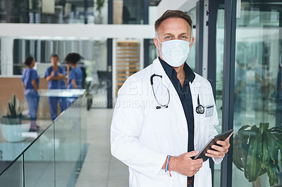 Buy stock photo Cropped portrait of a handsome mature doctor standing and wearing a face mask while using a digital tablet