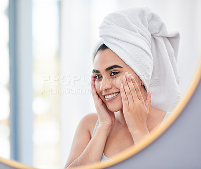 Buy stock photo Beauty, hygiene and reflection of woman in mirror of bathroom for cosmetics, skincare or vitamin c. Cleaning, face and shower with happy person in towel at home for antiaging wellness routine