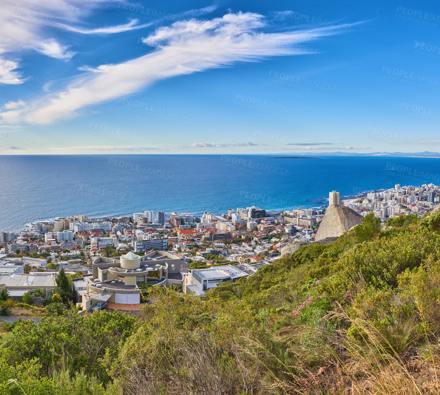 Buy stock photo City, coastline and environment for adventure vacation, empty and mockup space in travel destination. Ocean, scenery and summer holiday in nature, peace and weekend getaway for tourism or exploring
