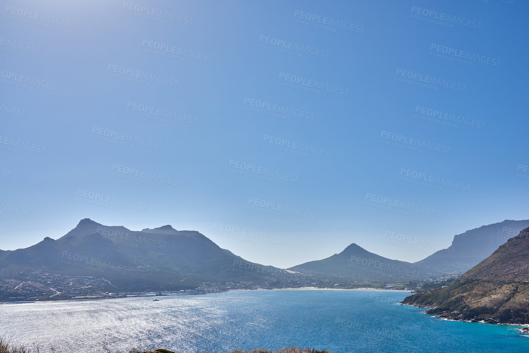 Buy stock photo A photo mountains, coast and ocean from Shapmanns Peak, with Hout Bay in the background. Close to Cape Town