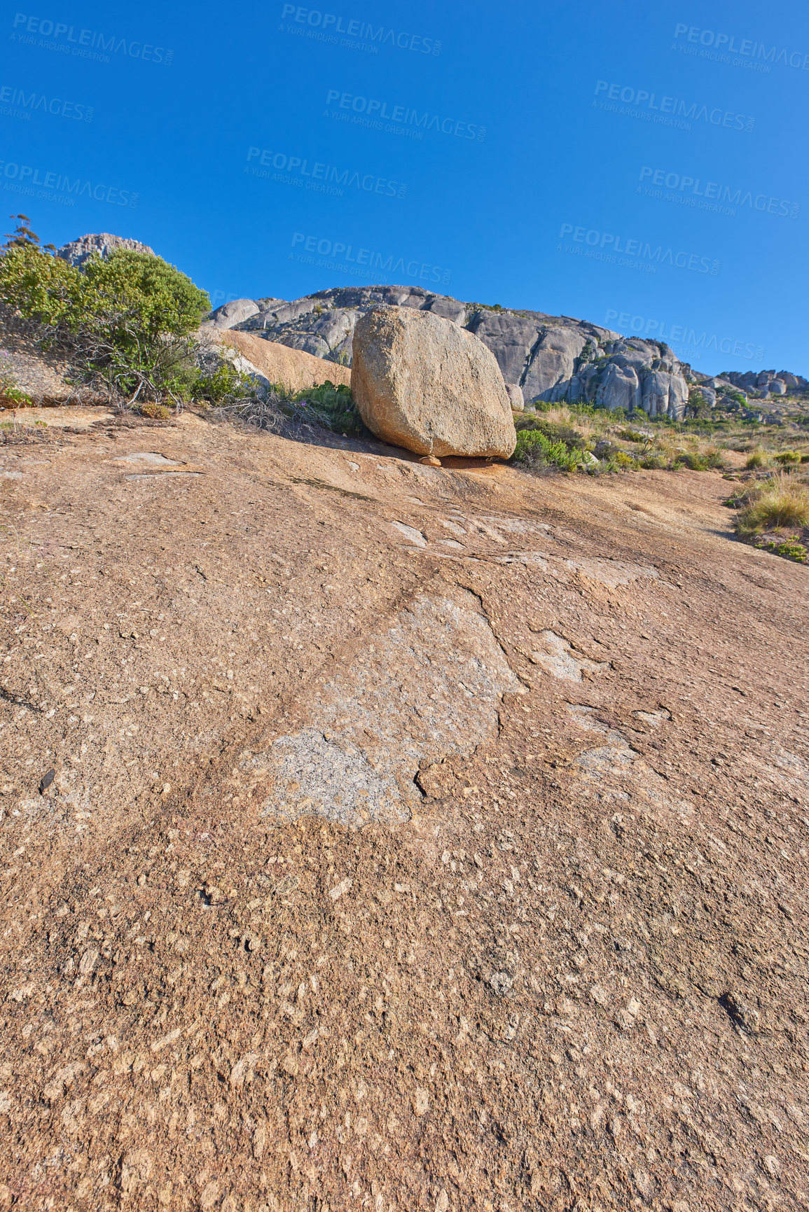 Buy stock photo Mountainside with large boulders and lush plants with copy space. Indigenous dry fynbos and wild grass growing on a rocky hill in summer warm weather. Quiet nature scene with tropical weather 