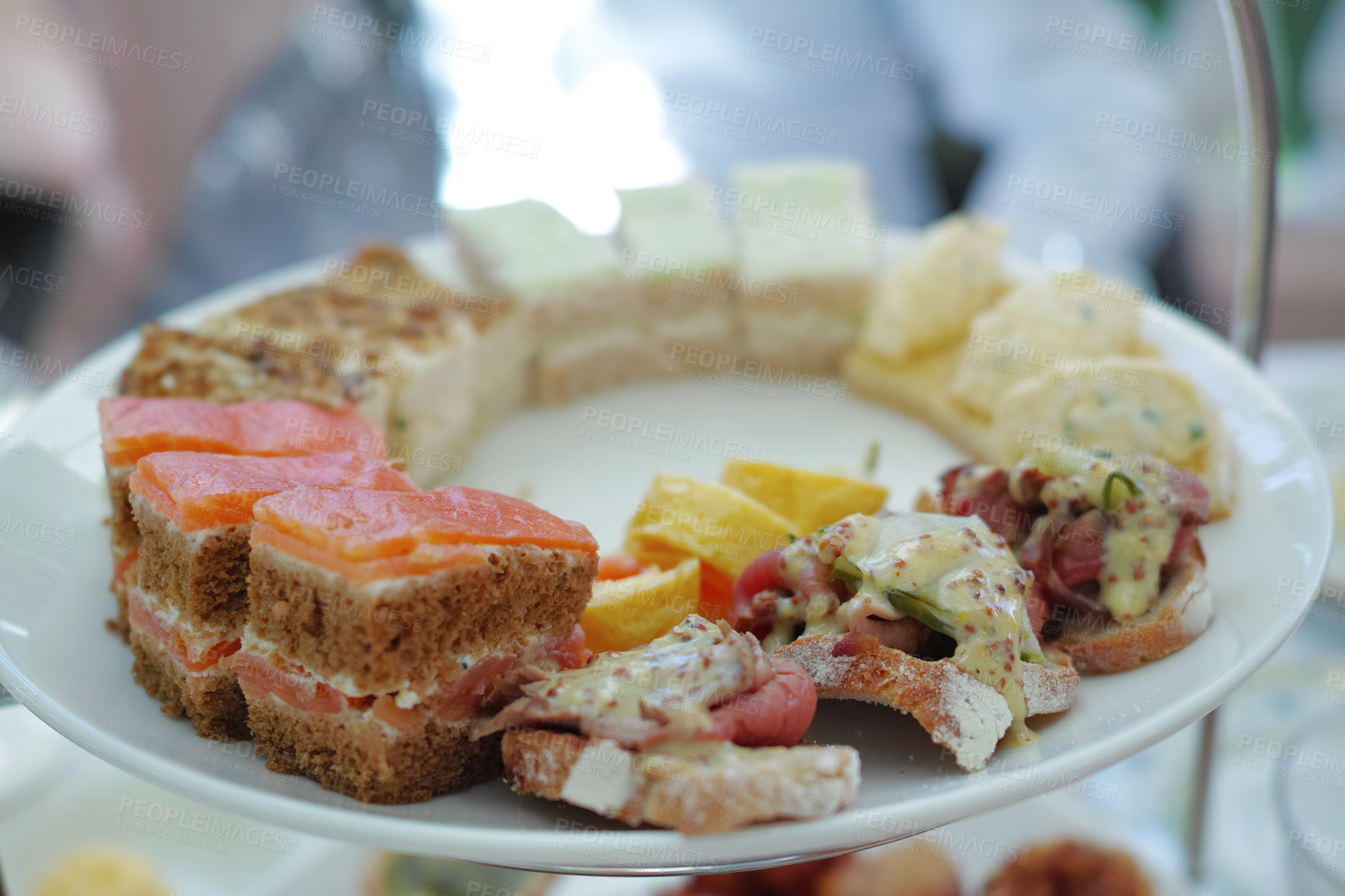 Buy stock photo Tasty food platter at a luxury dinner event on a table. Delicious plate of food served for lunch or dinner at home. Healthy gourmet meal made at a restaurant. Starters or snacks presented at a party
