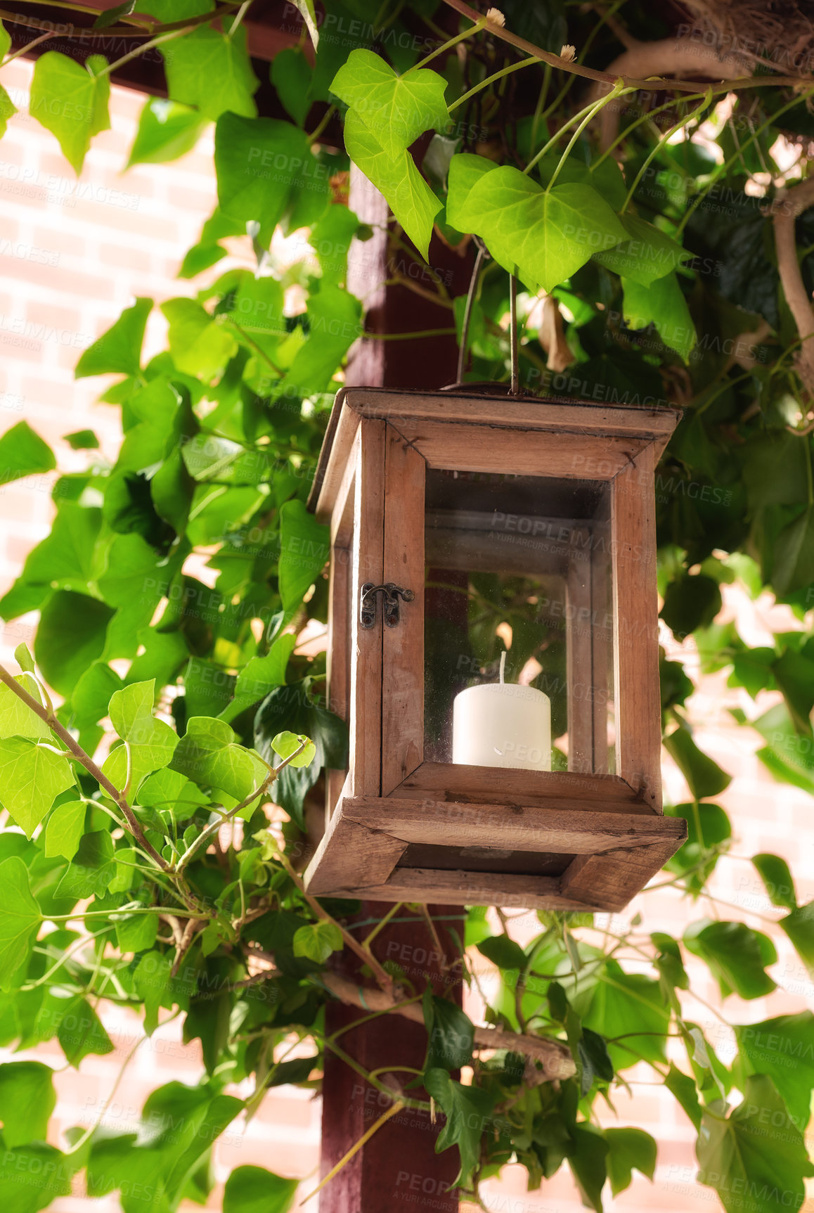 Buy stock photo Burning candle in a lantern surrounded by green leaves in a garden or patio outside. Wooden frame hanging from roof for decoration and warmth in an outdoor entertainment area with lush plants