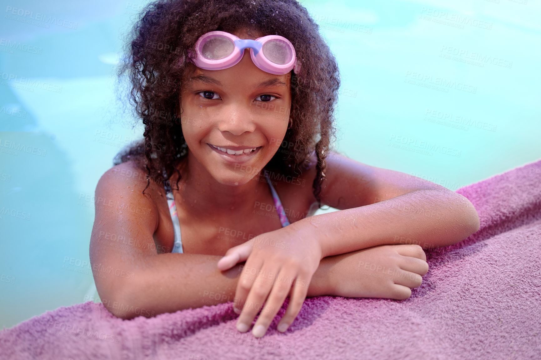 Buy stock photo Portrait, goggles and face for black girl in swimming pool, swimsuit and weekend activity. Smile, bathing suit or vacation or holiday in Hawaii resort, learn or water sports for childhood development