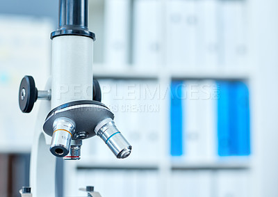 Buy stock photo Lab, tools and microscope for medical study, vaccine development and innovation in healthcare. Science, medicine and laboratory equipment for pharmaceutical test, investigation or biotech research.