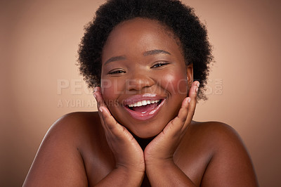 Buy stock photo Happiness, portrait and black woman in studio for beauty or skincare with make up, cosmetics and wellness. Girl, isolated on beige background with lipstick for glow or self care, aesthetic and shine.