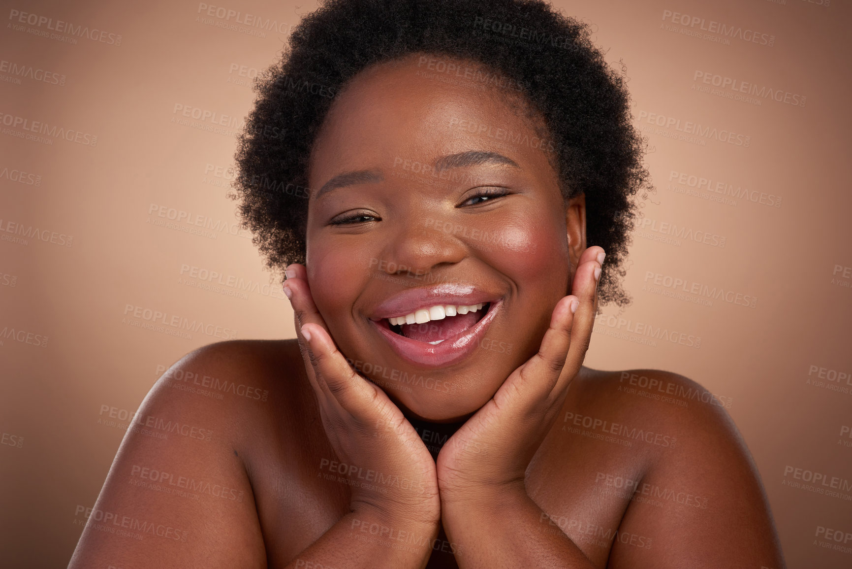 Buy stock photo Happiness, portrait and black woman in studio for beauty or skincare with make up, cosmetics and wellness. Girl, isolated on beige background with lipstick for glow or self care, aesthetic and shine.