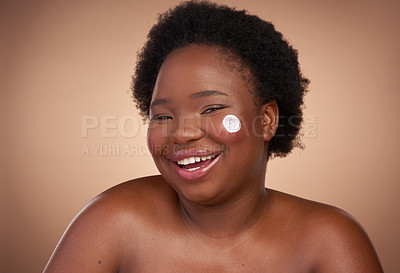 Buy stock photo Black woman, portrait and cream in studio for skincare or beauty, treatment and cosmetic product for self care routine. Girl, plus size with moisturizer for anti aging, dermatology and cosmetology.