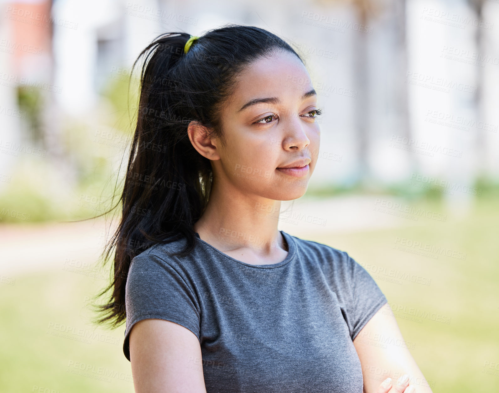 Buy stock photo Woman, park and thinking on relax, student and walk for break or exercise. Nature, outdoors and cardio fitness for routine with calm Brazilian female person, healthy and sports for mental health