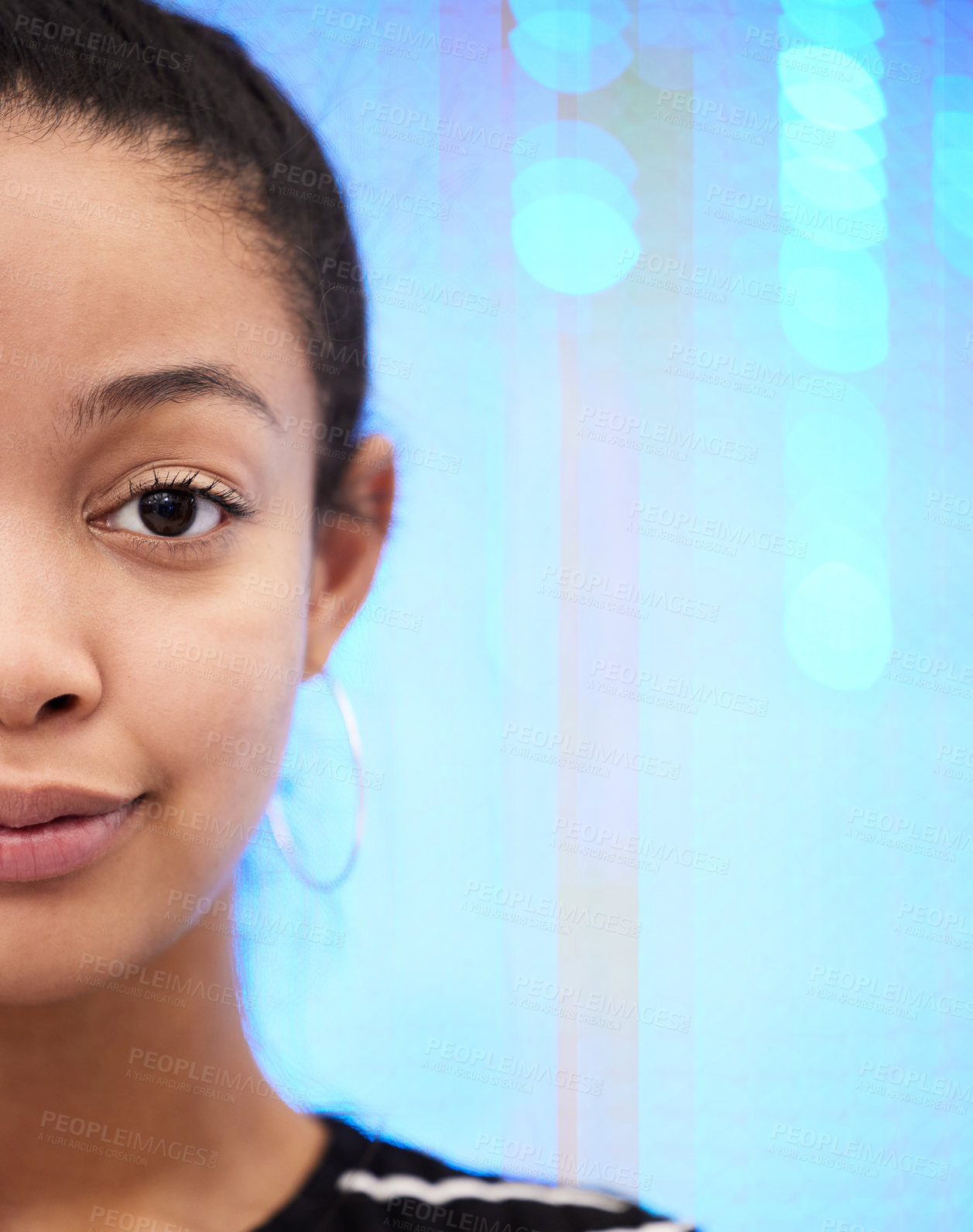 Buy stock photo Portrait of a beautiful young woman against a neon sequinned background