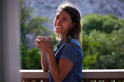Buy stock photo Portrait, woman and smile with coffee by balcony in house, apartment and home for nutrition, drink and wellness. Face, calm and happiness for tea, espresso and breakfast outdoor by trees in Peru
