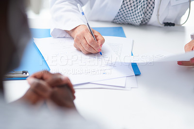 Buy stock photo Health insurance, hands and doctor with patient application, paperwork or info for hospital admin. Contract, documents and medical cover with healthcare benefits, client history or people at desk