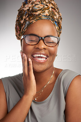 Buy stock photo Black business woman, happy and thinking in studio for career, growth or turban by white background. African entrepreneur, person and excited with smile, laugh and ideas for future at creative agency