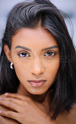 Buy stock photo Woman, beauty and portrait with cosmetics, dermatology and skincare treatment in a studio. Wellness, makeup and model from India with skin glow, confidence and face shine with facial and cosmetology