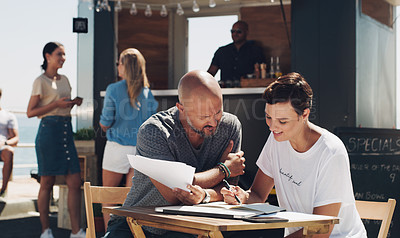 Buy stock photo Teamwork, meeting and small business owners with documents at food truck for conversation, planning or discussion on menu. Cafe, manager man and employee woman for collaboration, startup or talking