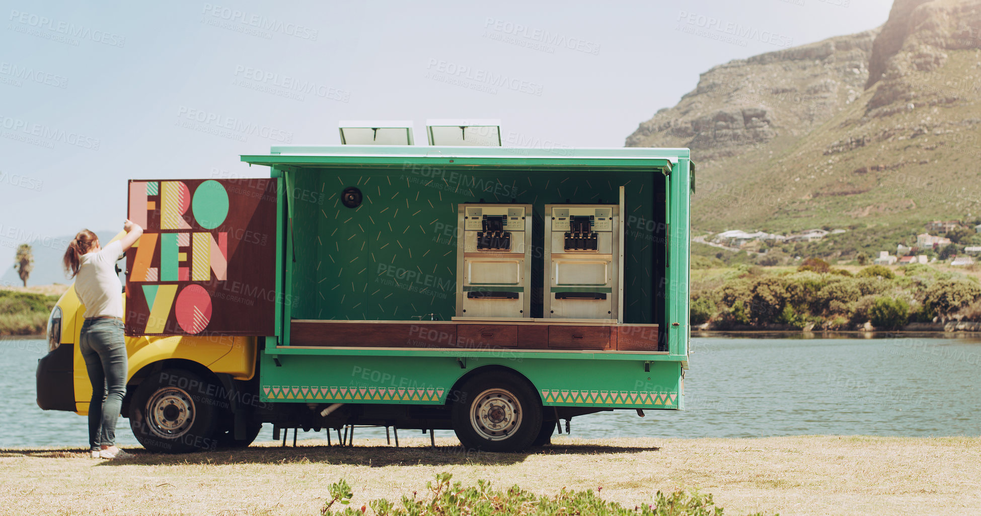 Buy stock photo Food truck, small business and woman at lake outdoor for frozen yoghurt sale as freelance entrepreneur. Dessert, mobile restaurant and vehicle by water with person working for startup in summer