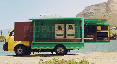 Buy stock photo Food truck, outdoor and small business in park, city and lake in nature, restaurant and dessert of ice cream. Summer, machine and vehicle with menu, market and travel to event, car and Amsterdam