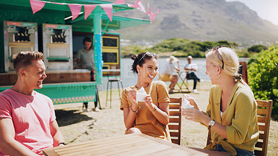 Buy stock photo Happy, friends and eating ice cream at outdoor table of restaurant, speaking or funny group bonding. Gelato, people and laughing together in nature for comedy or gossip story by food truck in summer