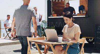 Buy stock photo Headphones, laptop and woman at outdoor cafe for remote work, networking or professional research. Earphones, computer and creative freelancer at coffee shop with music, streaming and online project