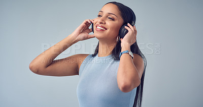 Buy stock photo Customer service, call center and woman in studio for online advice, help and conversation. Communication, telemarketing and person with headset for contact, crm support and consulting on background