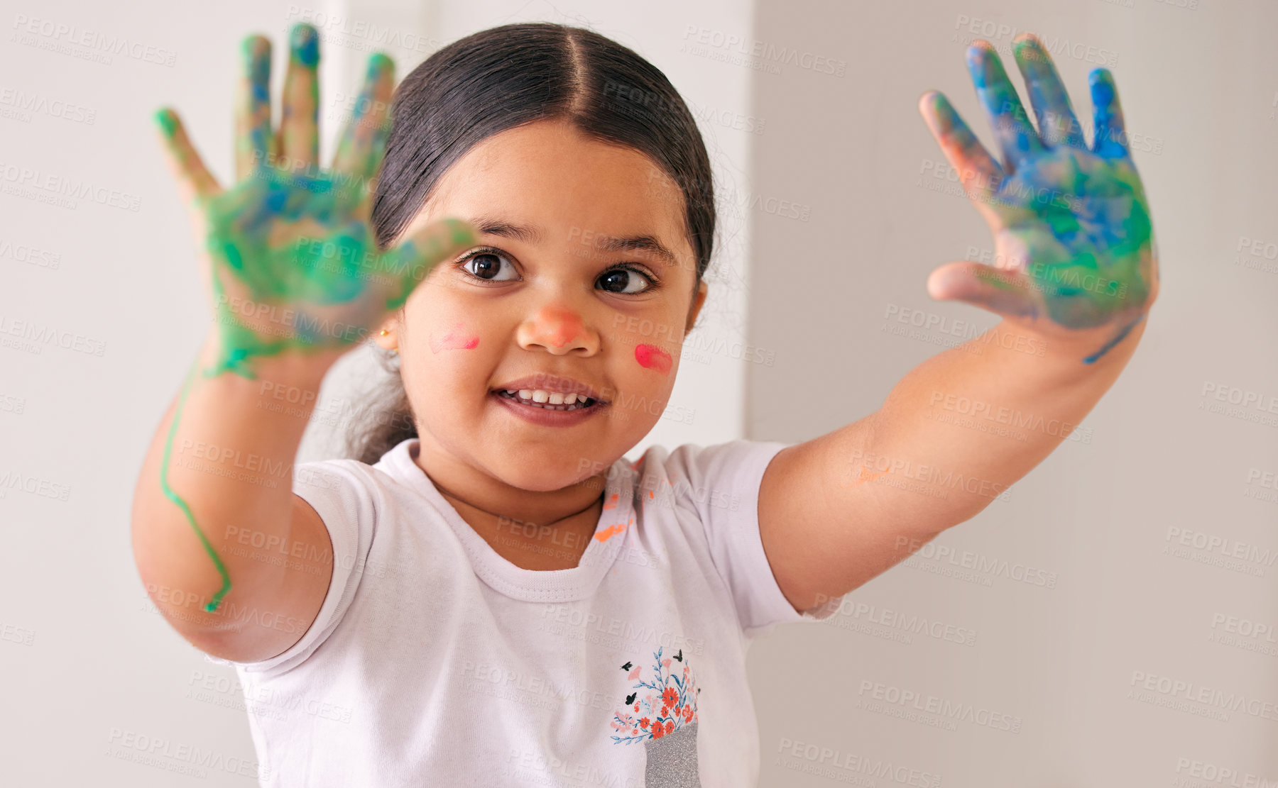 Buy stock photo Hands, paint and happy girl child in classroom for art, learning or creative expression at kindergarten. Education, palm or kid with color, splash or handprint painting for mothers day, craft or gift