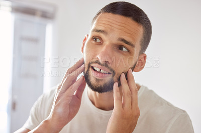 Buy stock photo Face, man and home with smile for grooming on hygiene or self care, confidence and satisfied. Beard, shaving and happy with cut or treatment, results and positive for skincare routine and beauty 