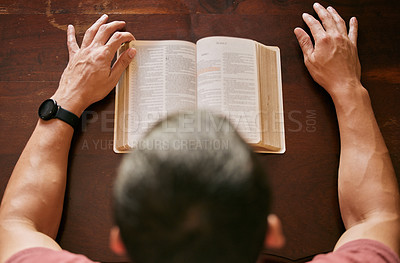Buy stock photo God, bible study and man top view in house for reading, learning or spiritual, knowledge and wisdom. Holy, book and Christian person at home with scripture, research or gospel praise for Jesus Christ